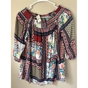 NY & Company Patchwork Floral Off Shoulder Smocked Blouse M Boho Hippie Colorful